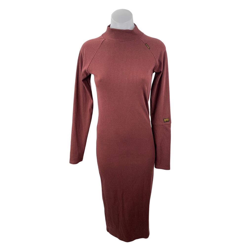 G-Star Women's Brown Long Sleeve Ribbed Knit Mock Neck Midi Sweater Dress Size M